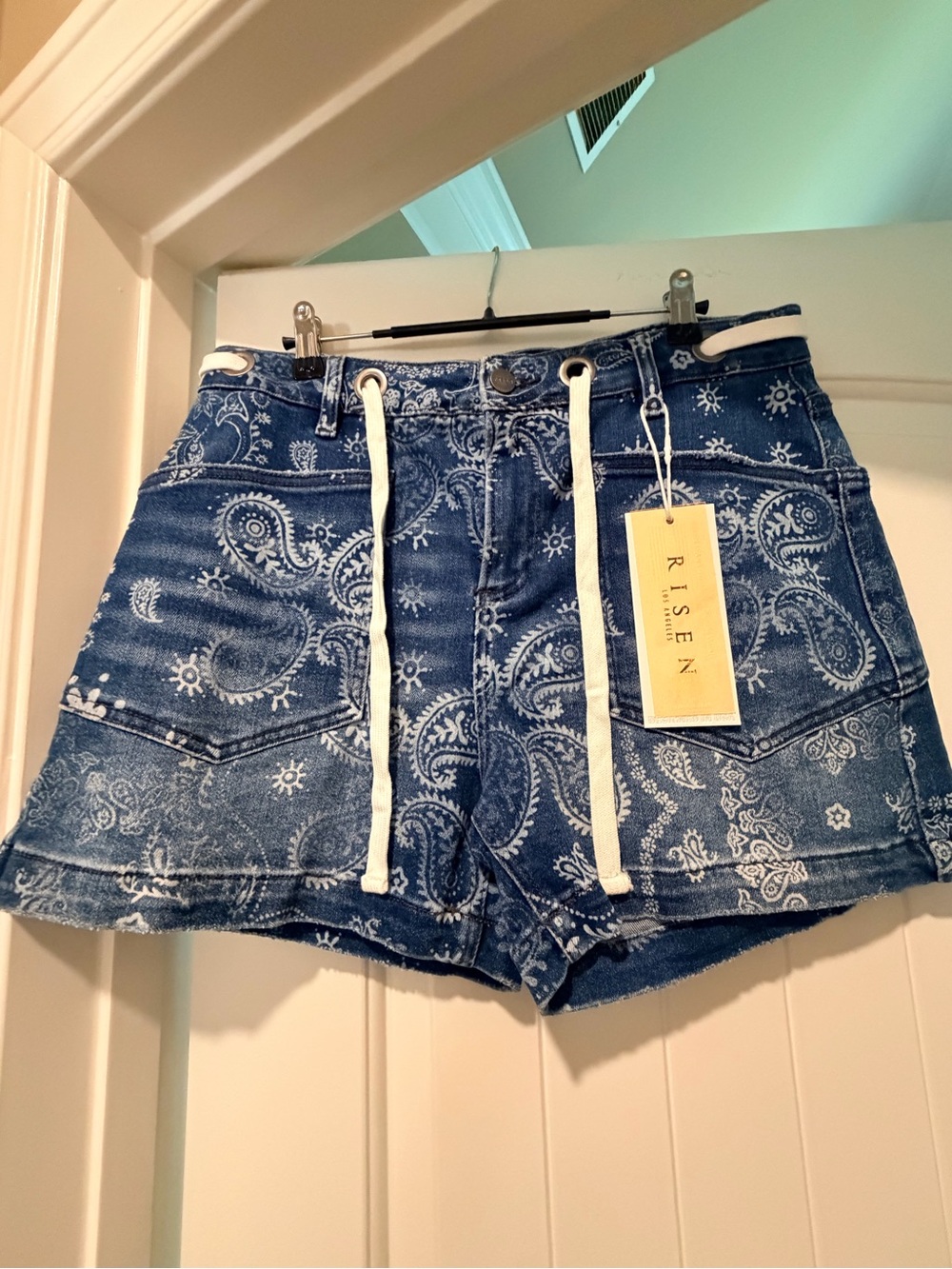 Risen Blue Paisley High-Rise Denim Shorts with Drawstring